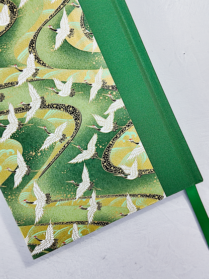 NEW A5 128-page Hardcover Notebook - White Cranes on Green Chiyogami Paper