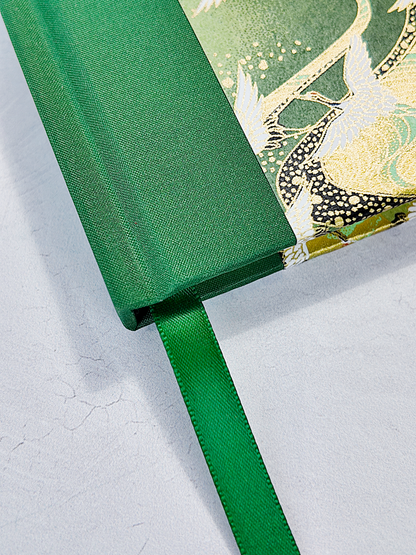 NEW A5 128-page Hardcover Notebook - White Cranes on Green Chiyogami Paper