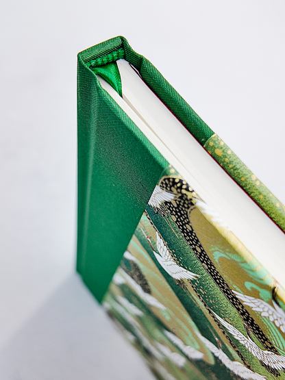 NEW A5 128-page Hardcover Notebook - White Cranes on Green Chiyogami Paper