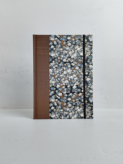 NEW B5 192-page Hardcover Journal finished in brown Japanese book cloth with indigo and gold Cherry Blossom Chiyogami paper