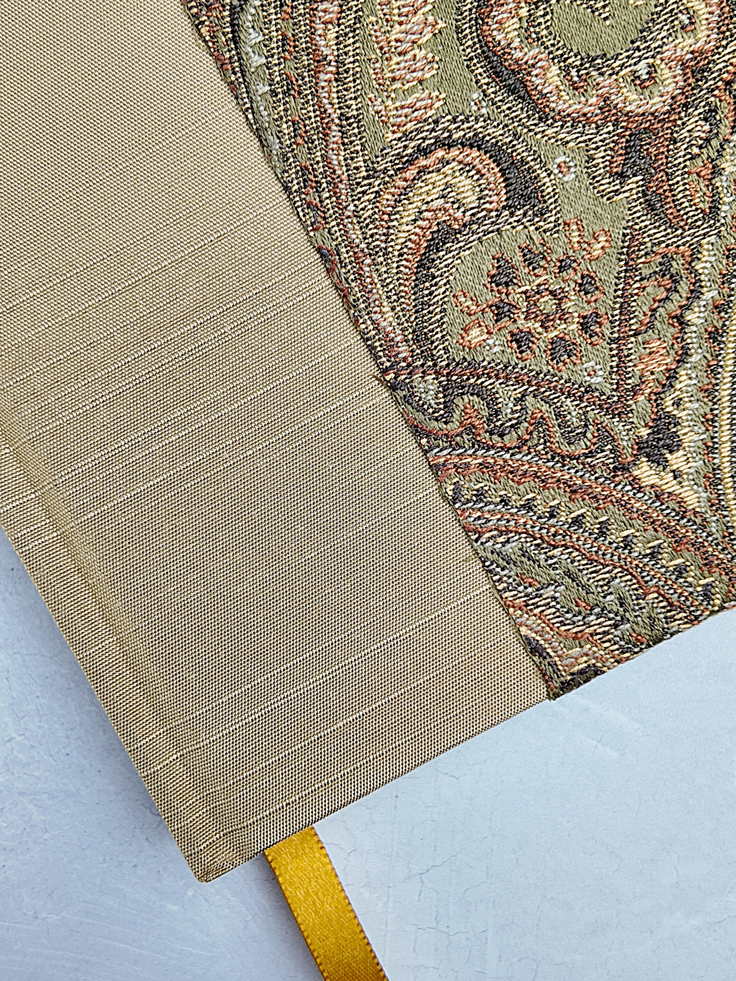 B5 192-page Hardcover Journal finished in Soft Gold Japanese book cloth and Gold and Green fabric