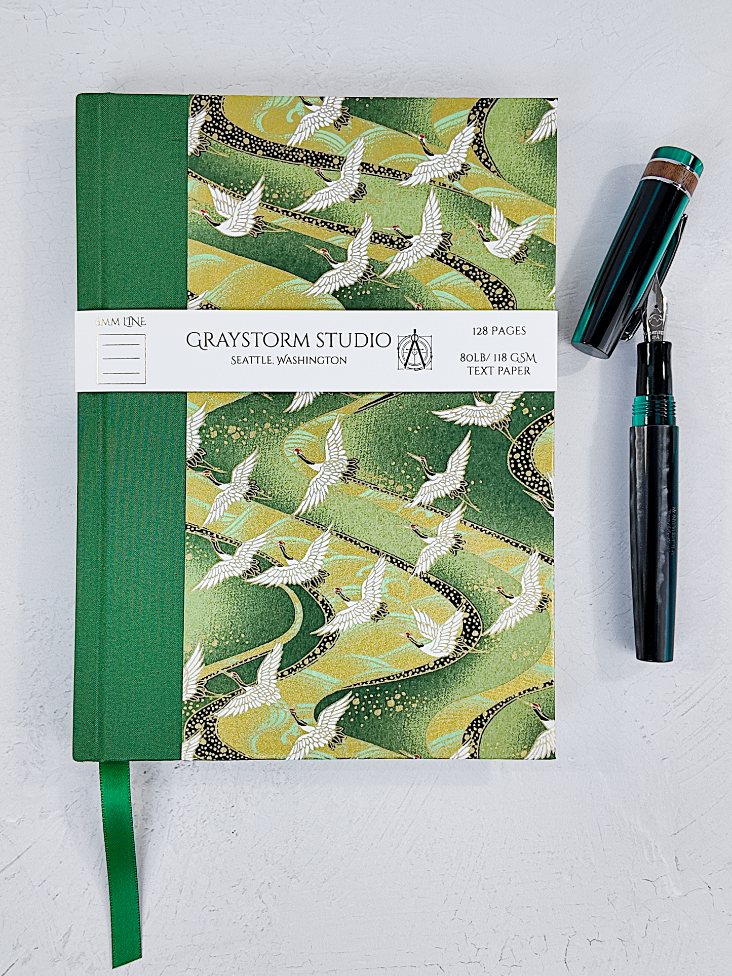 NEW A5 128-page Hardcover Notebook - White Cranes on Green Chiyogami Paper