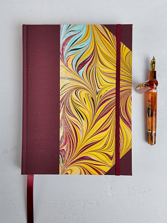 WABI-SABI A5 160-page Hardcover finished in Maroon Japanese book cloth and handmade marble paper