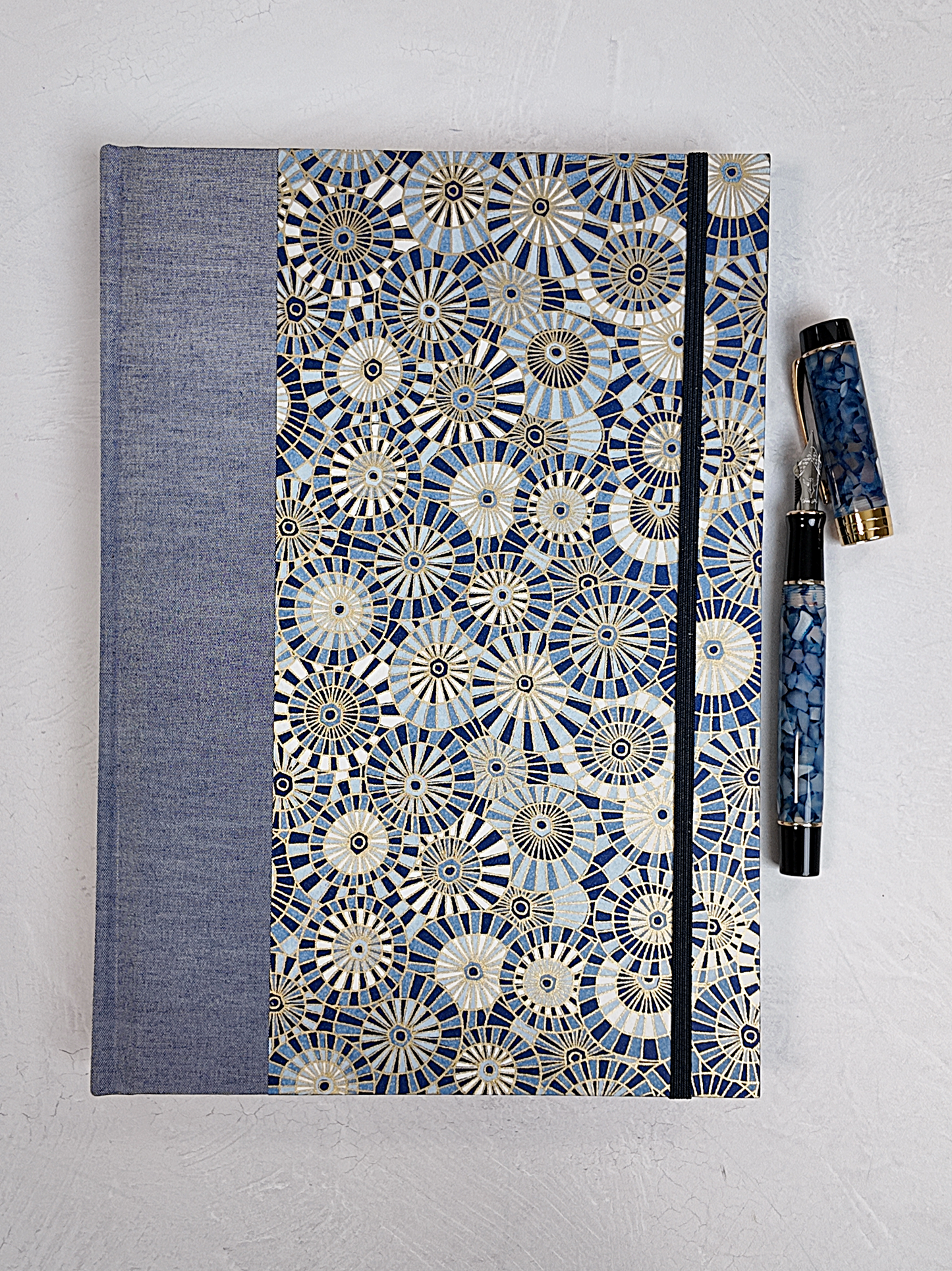 NEW B5 192-page Hardcover Journal finished in Steel-Blue and Blue Gold Geometric Chiyogami Paper