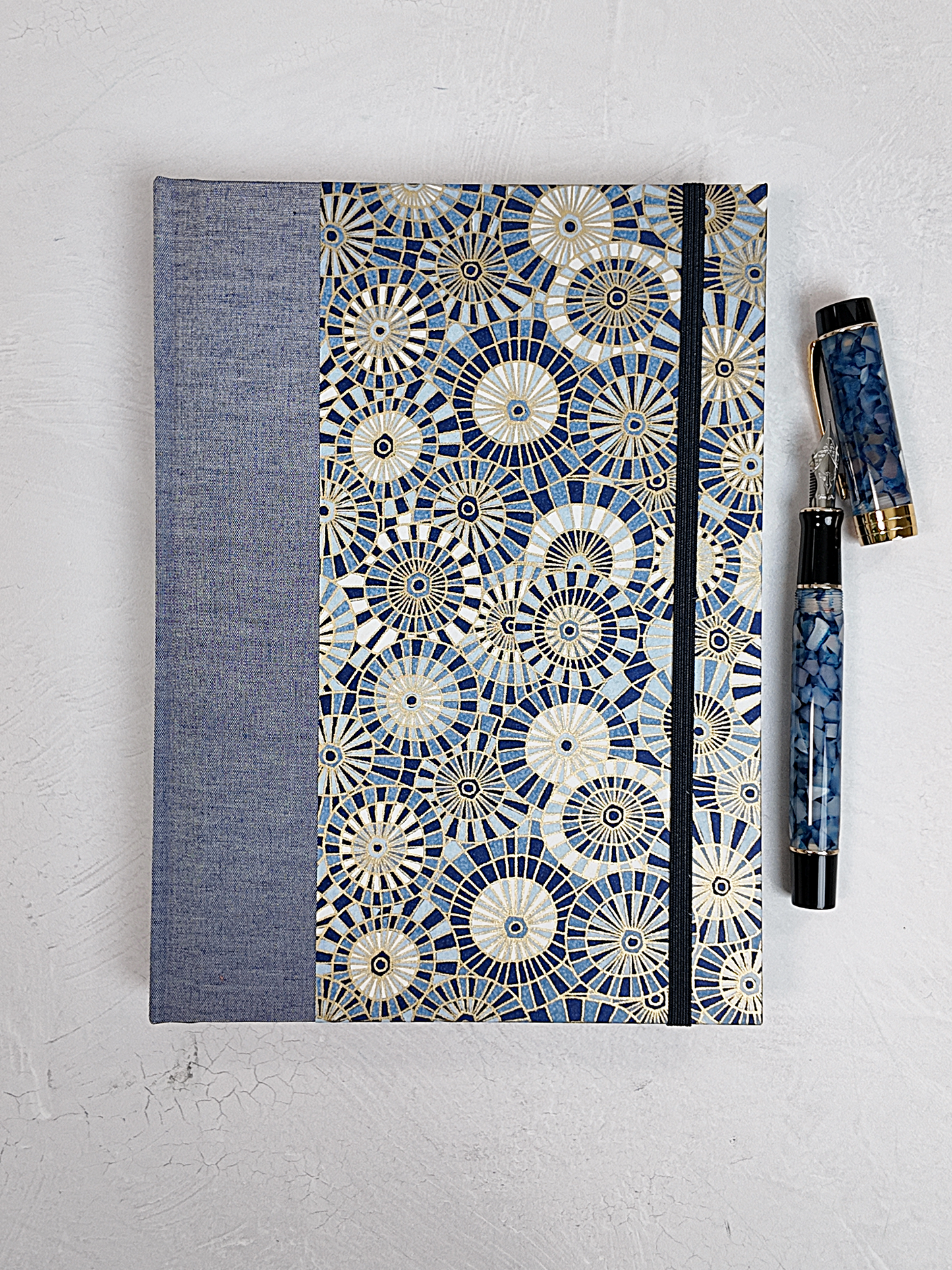 NEW A5 160-page Hardcover Journal finished in Steel-Blue and Blue Gold Geometric Chiyogami Paper