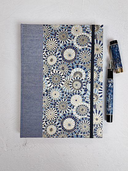 NEW A5 160-page Hardcover Journal finished in Steel-Blue and Blue Gold Geometric Chiyogami Paper