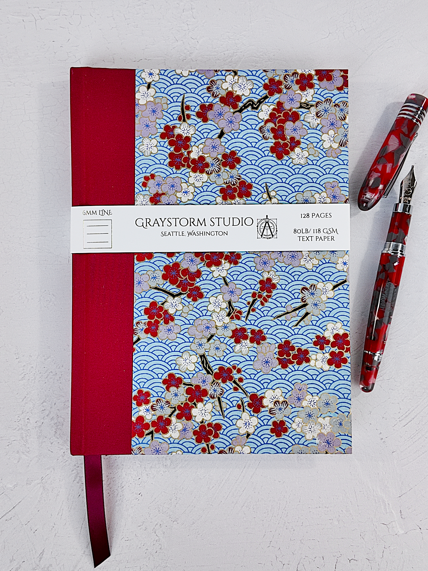 NEW A5 128-page Hardcover Notebook - Red Cherry Blossom Chiyogami Paper
