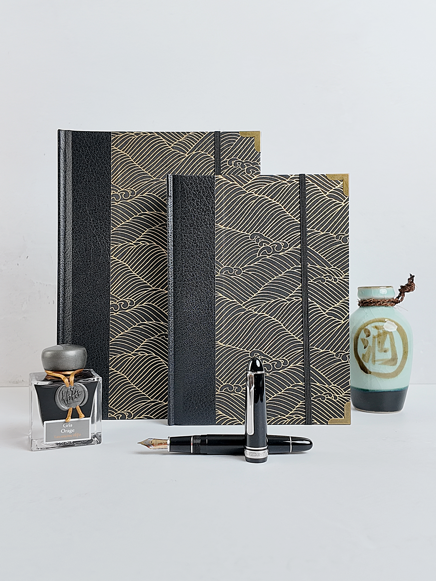 NEW B5 192-page Hardcover Journal finished in black faux leather with gold waves on black Chiyogami Paper