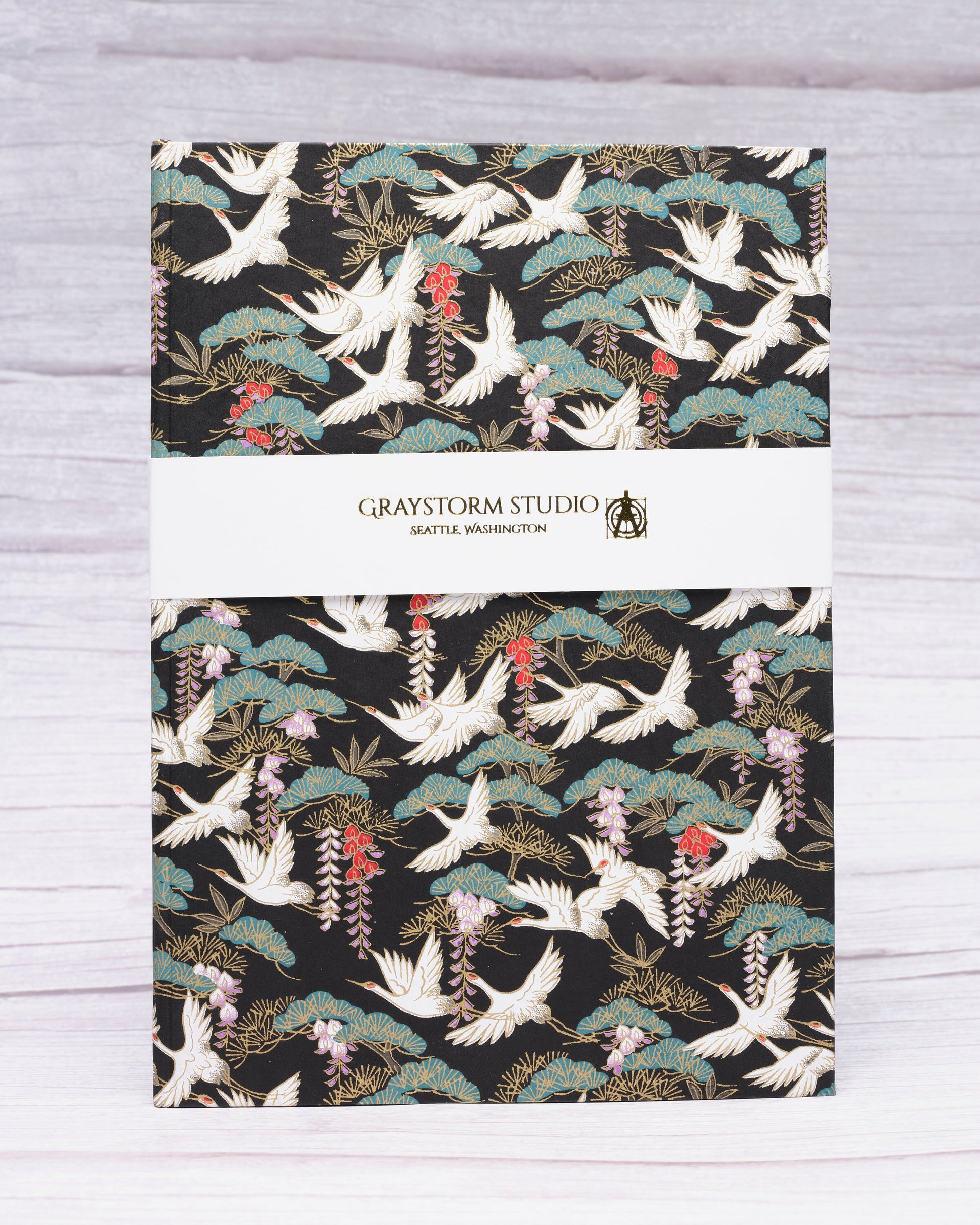 Chiyogami Flying Cranes on Black Handcrafted B5 Hardcover Notebook