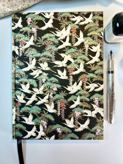 Chiyogami Flying Cranes on Black Handcrafted B5 Hardcover Notebook