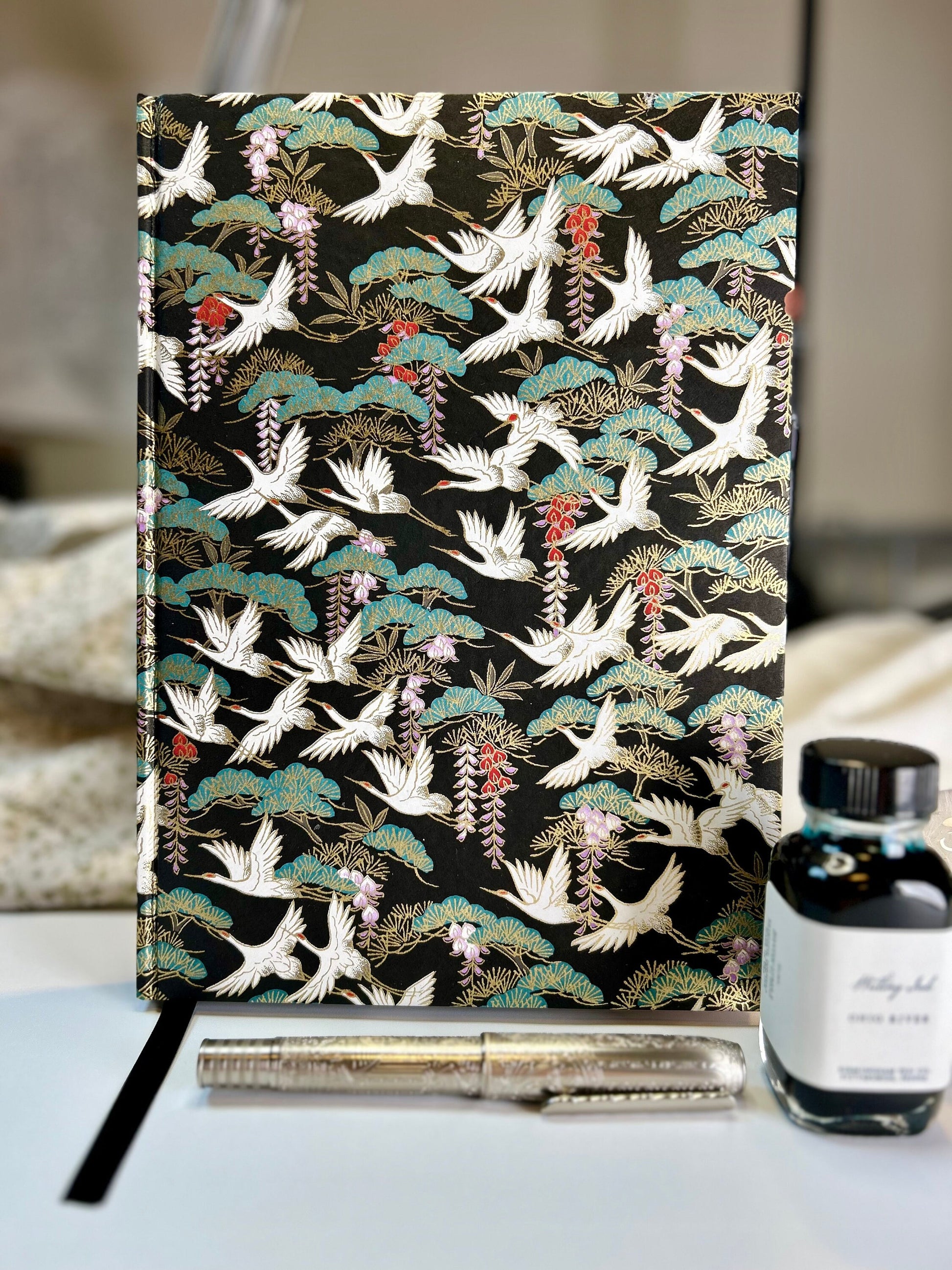 Chiyogami Flying Cranes on Black Handcrafted B5 Hardcover Notebook