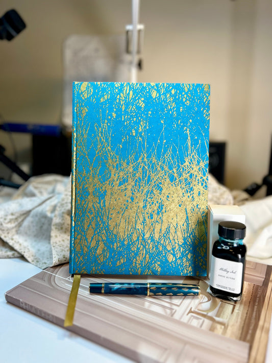 Silkscreened Gold Forest in Blue Lokta, Handcrafted B5 Hardcover Notebook