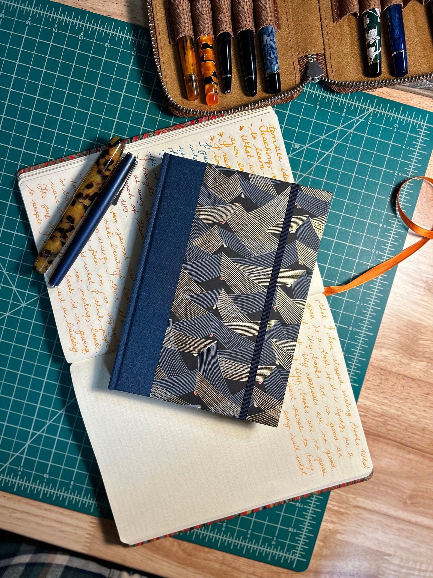 A5 160-page Hardcover Notebook in luxurious Blue Mohair Japanese Bookcloth and Golden Peaks on Blue and Black Chiyogami Japanese Paper