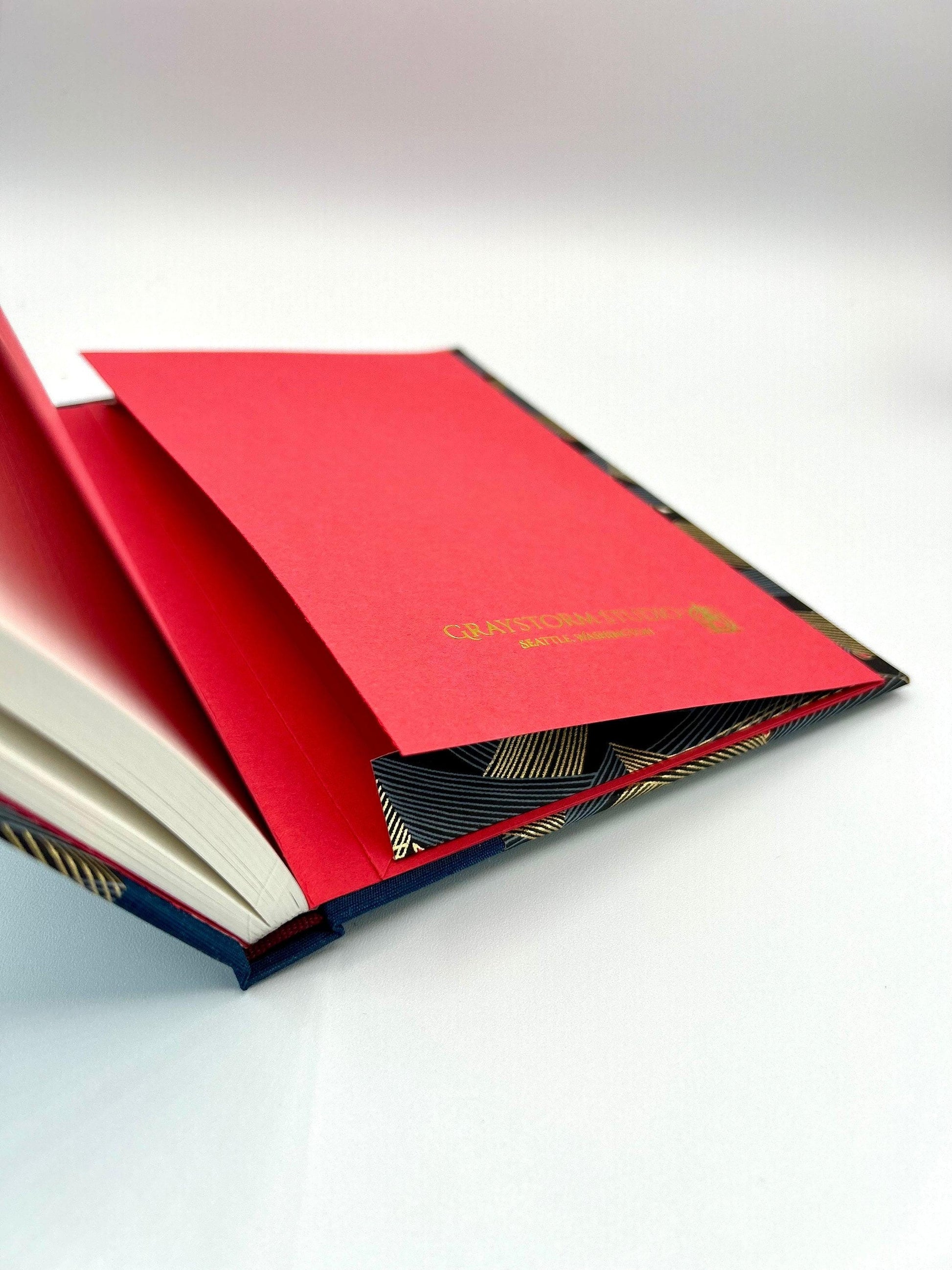 A5 160-page Hardcover Notebook in luxurious Blue Mohair Japanese Bookcloth and Golden Peaks on Blue and Black Chiyogami Japanese Paper