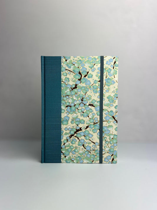 A5 160-page Hardcover Notebook in Marine Blue Japanese Bookcloth and Blue Cherry Blossom Chiyogami Japanese Paper