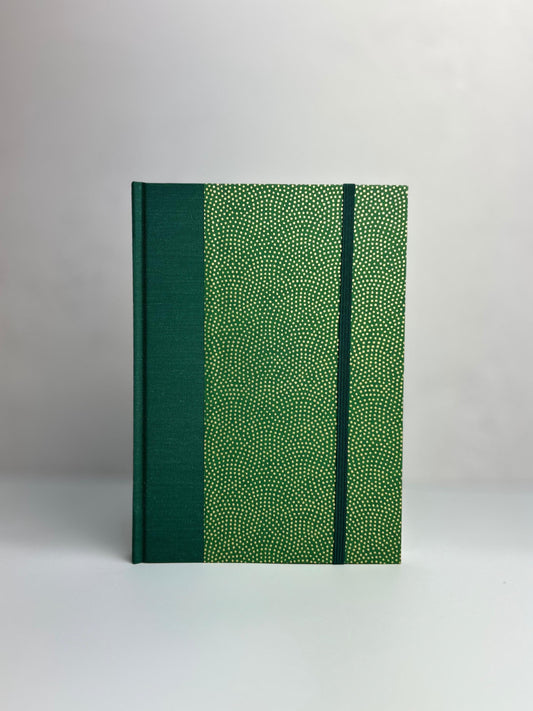 A5 160-page Hardcover Notebook in Green Mohair Japanese Bookcloth and Golden Polka Dots on Green Chiyogami Japanese Paper