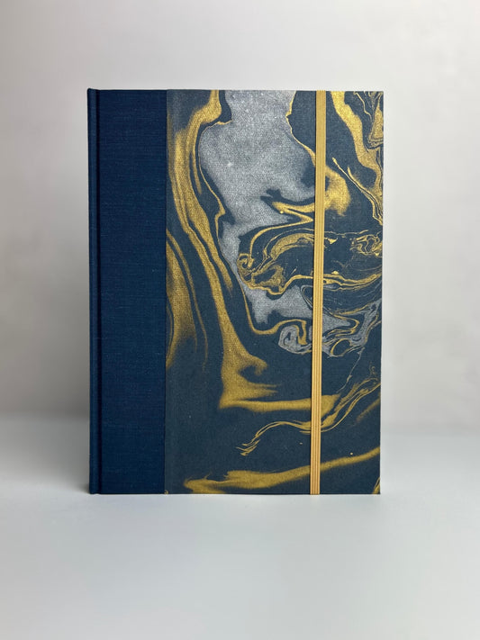 B5 192-page Hardcover Notebook finished in Blue Mohair Japanese Bookcloth and Gold Indian Marble Paper