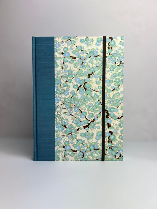 B5 192-page Hardcover Notebook finished in Marine Blue Japanese Bookcloth and Blue Cherry Blossoms Chiyogami Japanese Paper