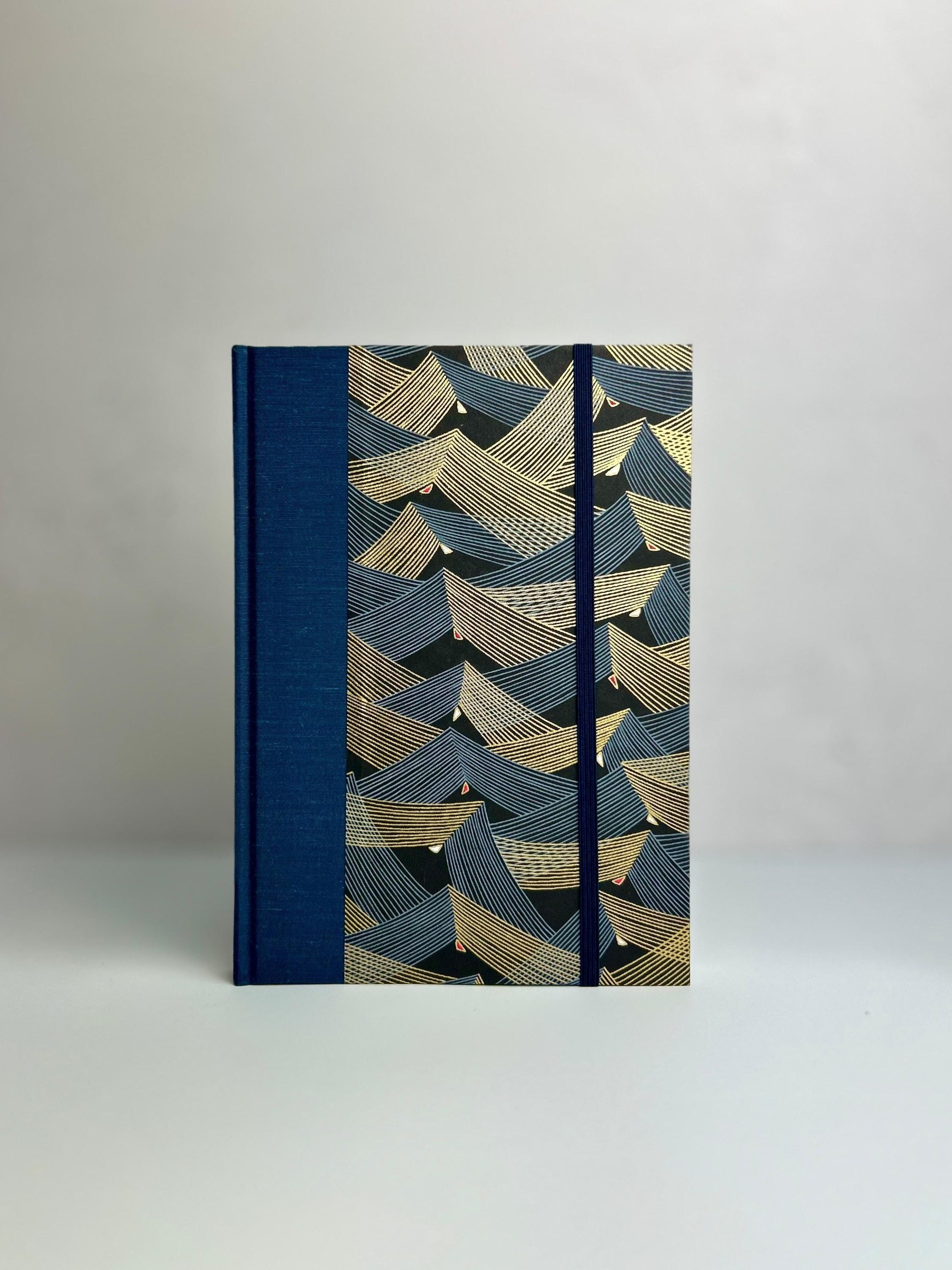 A5 160-page Hardcover Notebook in luxurious Blue Mohair Japanese Bookcloth and Golden Peaks on Blue and Black Chiyogami Japanese Paper