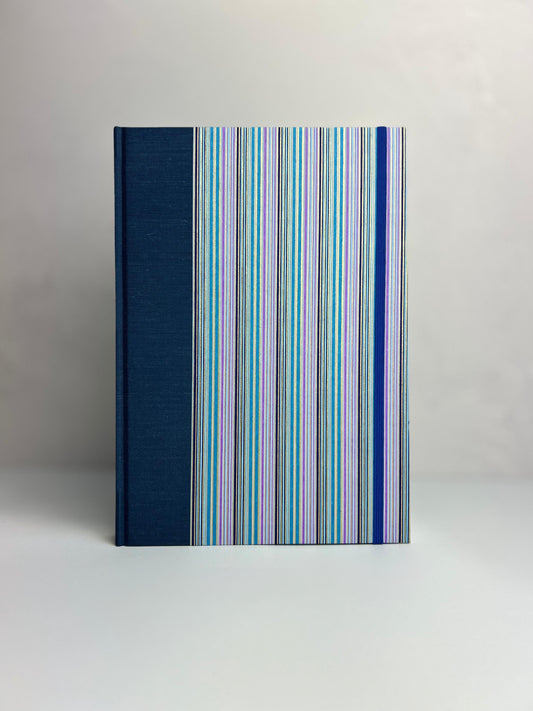 B5 192-page Hardcover Notebook finished in Blue Mohair Japanese Bookcloth and Blue and Purple Stripes on Chiyogami Japanese Paper