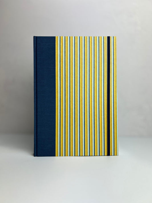 B5 192-page Hardcover Notebook finished in Blue Mohair Japanese Bookcloth and Yellow and Blue Stripes Chiyogami Japanese Paper