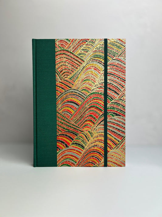 B5 192-Page Hardcover Notebook finished in Green Mohair Japanese Bookcloth and Rolling Hills Chiyogami Paper