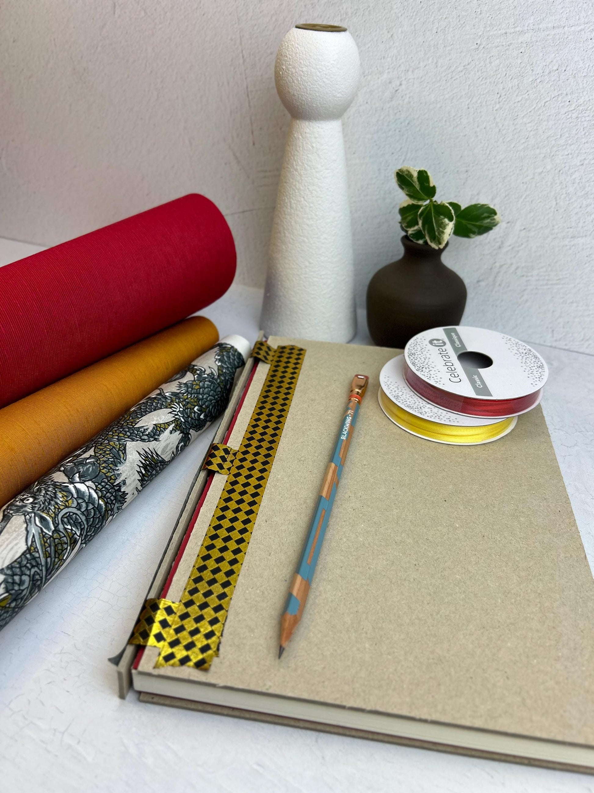 A5 160-page Hardcover Notebook in luxurious Blue Mohair Japanese Bookcloth and Golden Peaks on Blue and Black Chiyogami Japanese Paper