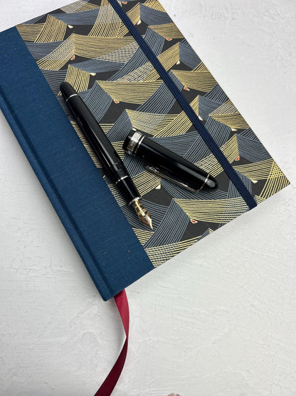 A5 160-page Hardcover Notebook in luxurious Blue Mohair Japanese Bookcloth and Golden Peaks on Blue and Black Chiyogami Japanese Paper