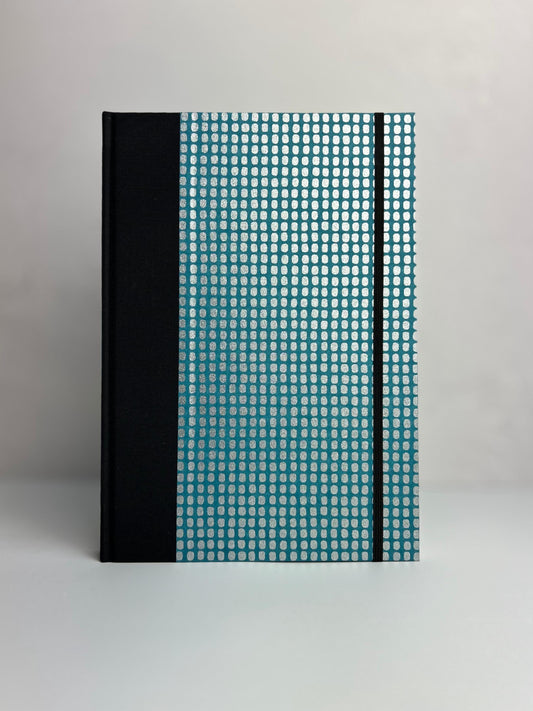 B5 192-page Hardcover Notebook finished in Black Japanese Bookcloth and Silver Dots on Blue Stripes Chiyogami Japanese Paper