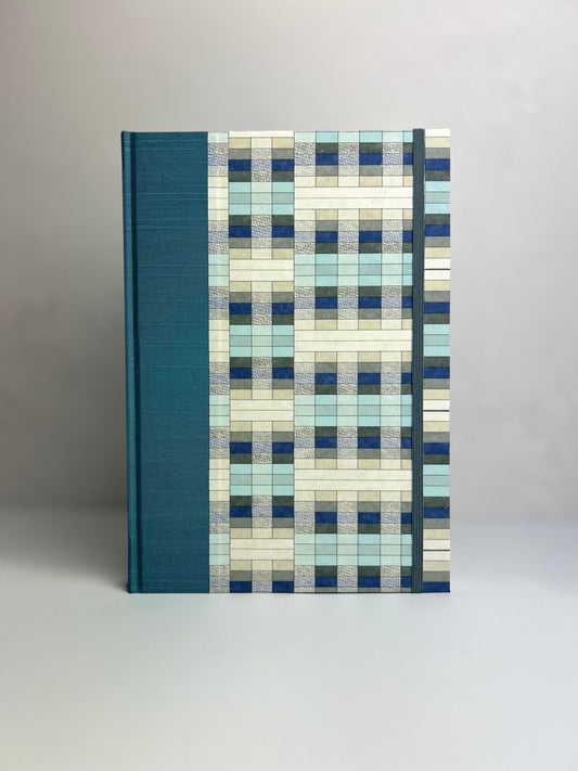 B5 192-page Hardcover Notebook finished in Marine Blue Japanese Bookcloth and Rectangle Blue and Gray Chiyogami Japanese Paper