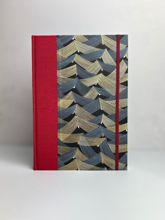 B5 192-page Hardcover Notebook finished in Cardinal Red Japanese Bookcloth and Black and Gold Chiyogami Japanese Paper