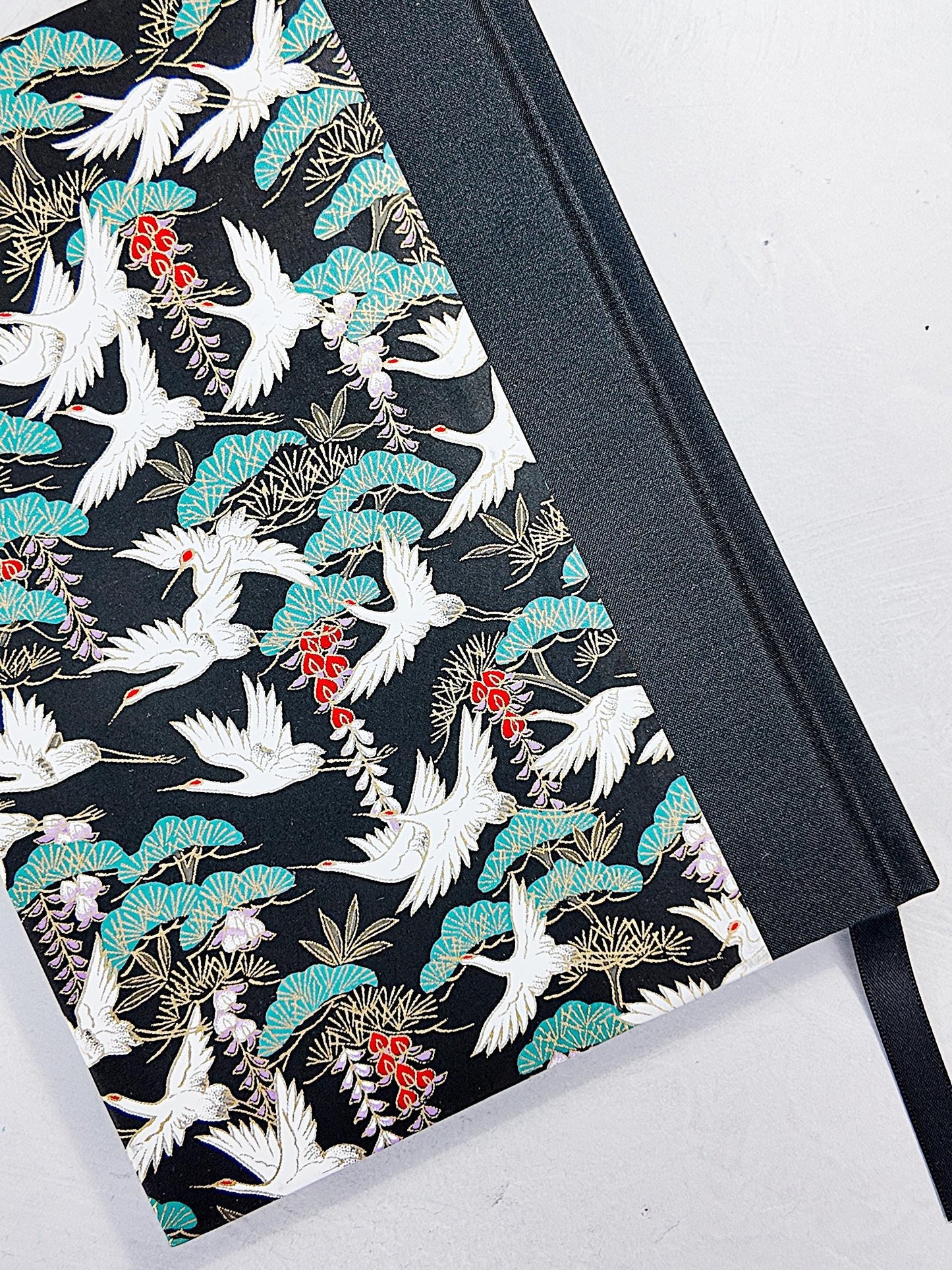 A5 128-page Hardcover Notebook - White Cranes on Black Chiyogami Paper
