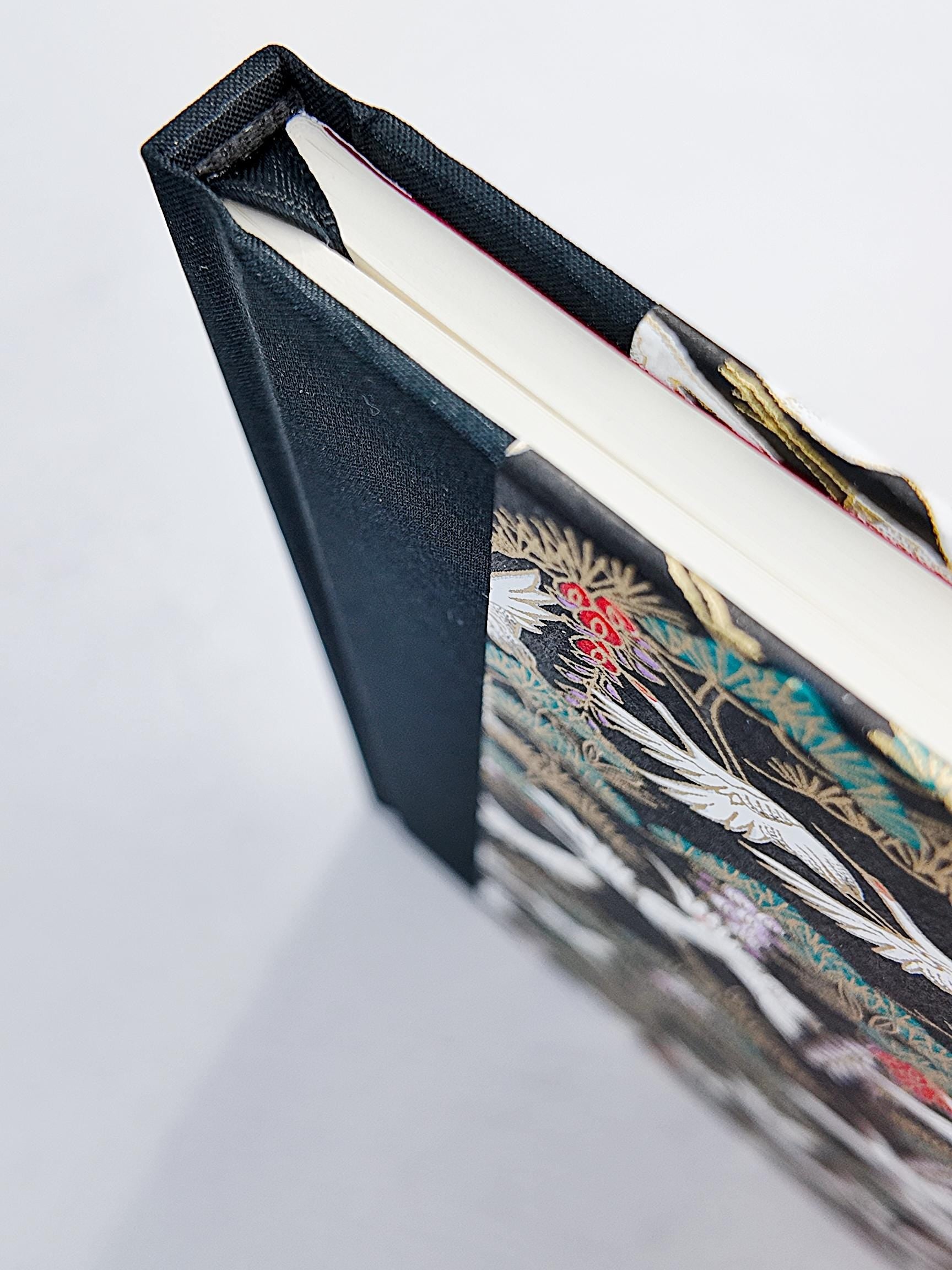 A5 128-page Hardcover Notebook - White Cranes on Black Chiyogami Paper