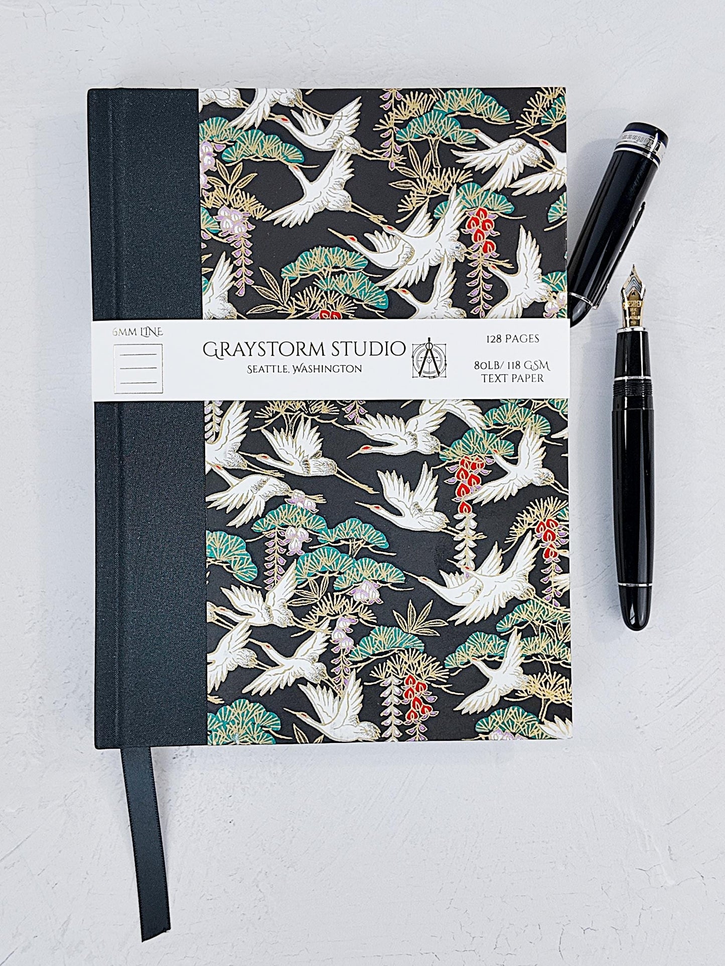 A5 128-page Hardcover Notebook - White Cranes on Black Chiyogami Paper