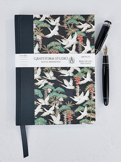 A5 128-page Hardcover Notebook - White Cranes on Black Chiyogami Paper