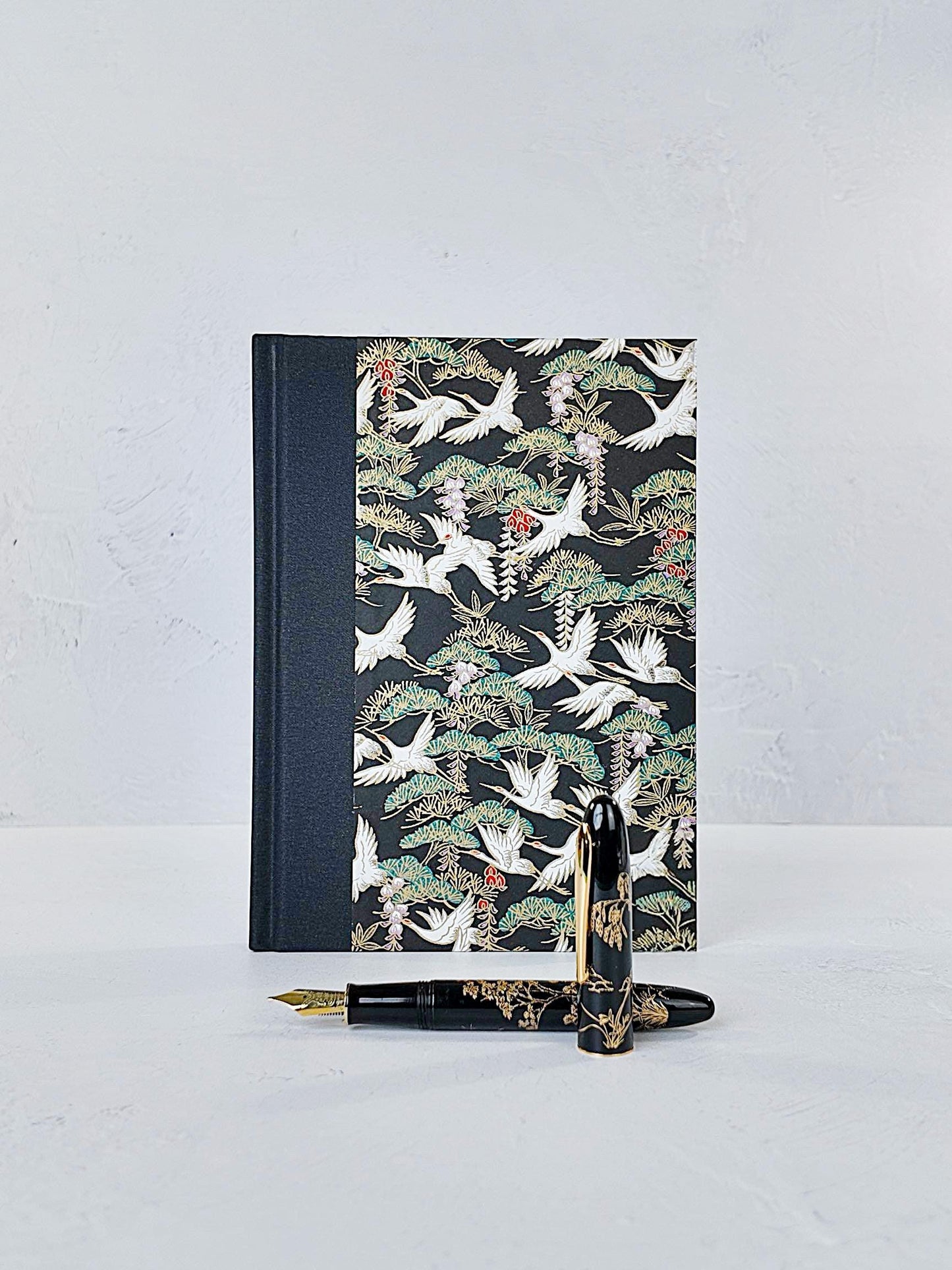 A5 128-page Hardcover Notebook - White Cranes on Black Chiyogami Paper