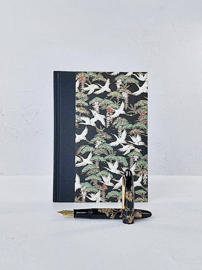 A5 128-page Hardcover Notebook - White Cranes on Black Chiyogami Paper