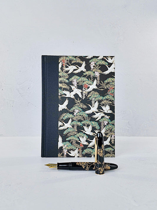 A5 128-page Hardcover Notebook - White Cranes on Black Chiyogami Paper