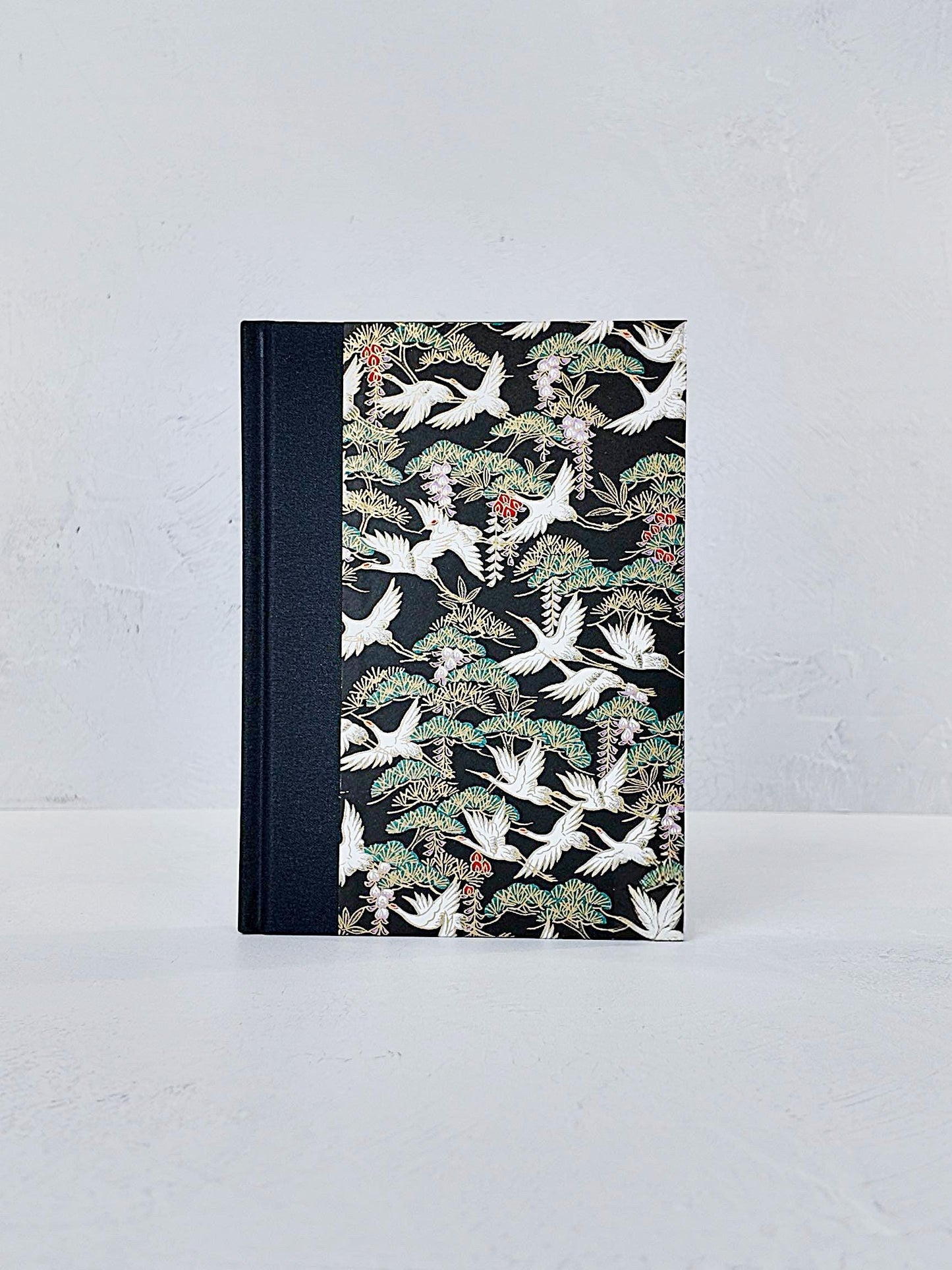 A5 128-page Hardcover Notebook - White Cranes on Black Chiyogami Paper