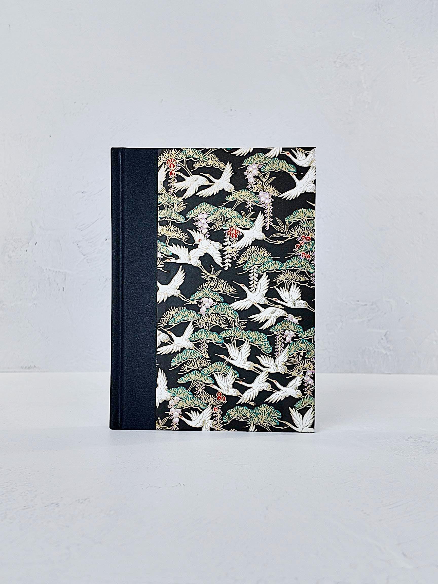 A5 128-page Hardcover Notebook - White Cranes on Black Chiyogami Paper