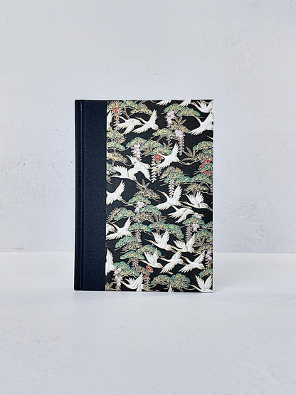 A5 128-page Hardcover Notebook - White Cranes on Black Chiyogami Paper