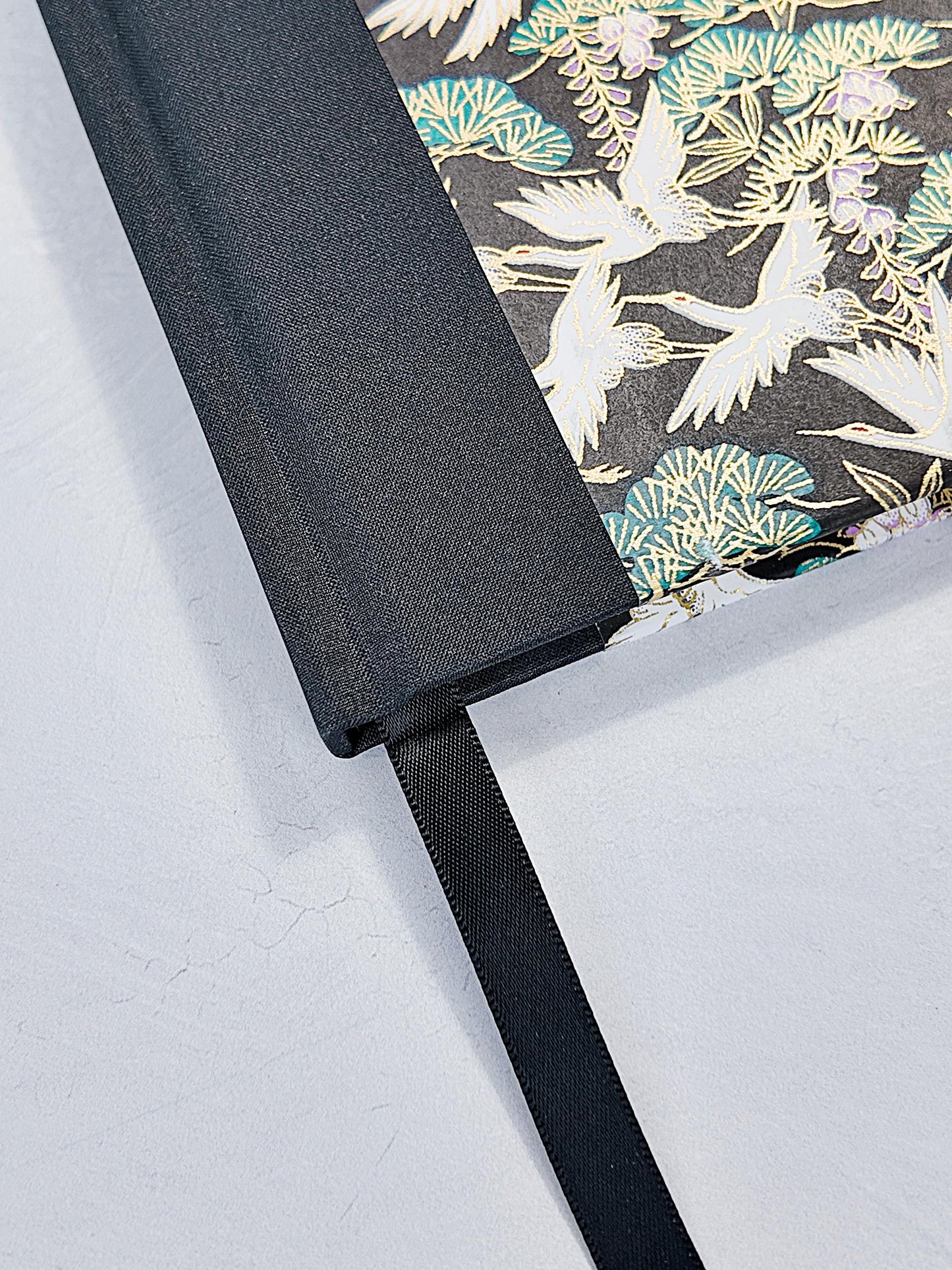 A5 128-page Hardcover Notebook - White Cranes on Black Chiyogami Paper