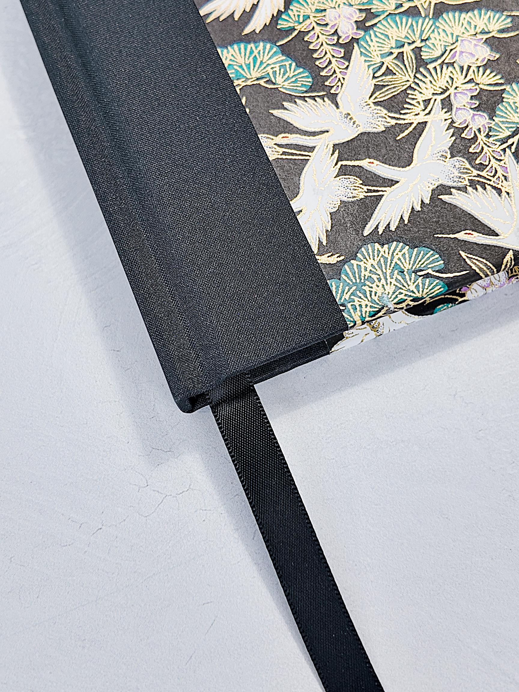 A5 128-page Hardcover Notebook - White Cranes on Black Chiyogami Paper