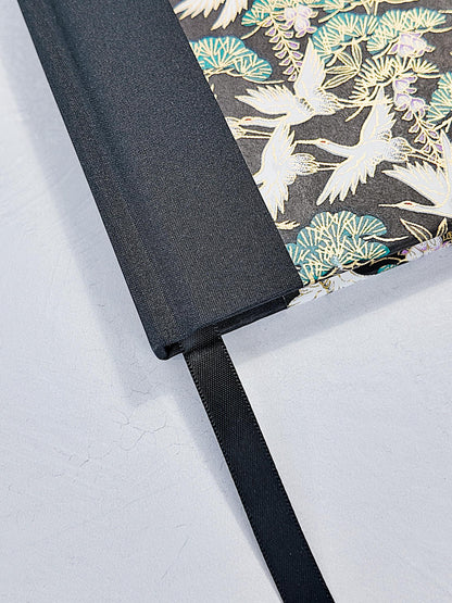 A5 128-page Hardcover Notebook - White Cranes on Black Chiyogami Paper