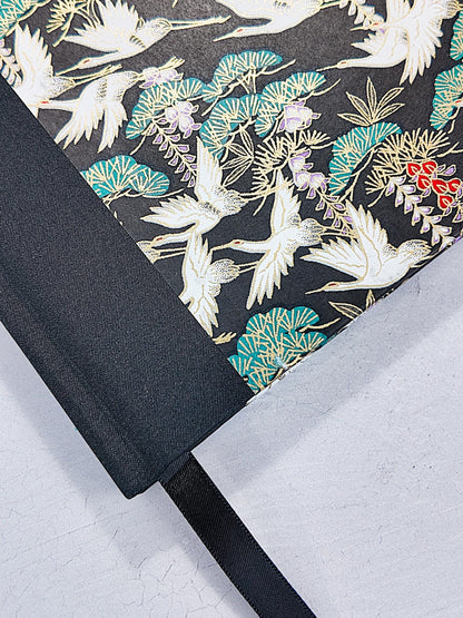 A5 128-page Hardcover Notebook - White Cranes on Black Chiyogami Paper