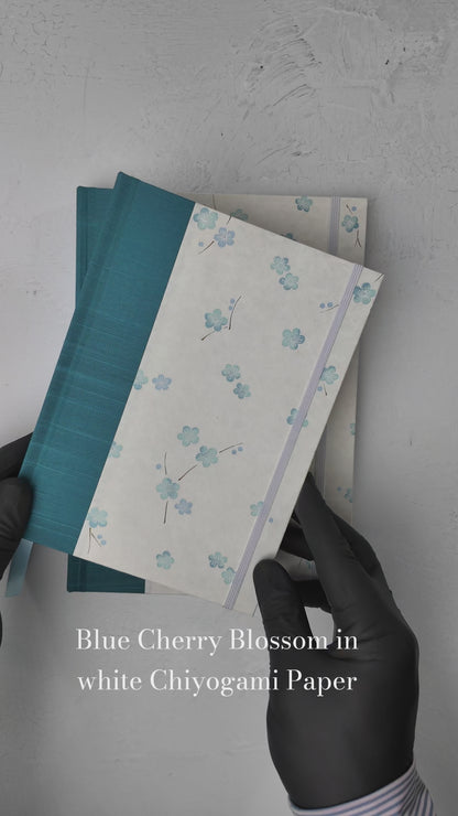 NEW A5 160-page Hardcover Journal finished in Marine Blue Japanese book cloth and Blue Cherry Blossoms on white Chiyogami Paper