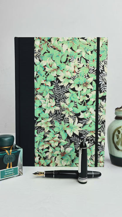 B5 192-page Hardcover Journal finished in black Japanese book cloth with green and silver botanical Chiyogami Paper