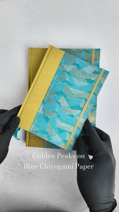A5 160-page Hardcover Journal finished in Blue and Gold Chiyogami Paper and Yellow Gold Japanese Book Cloth