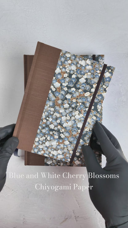 NEW A5 160-page Hardcover Journal finished in brown Japanese book cloth with indigo and gold Cherry Blossom Chiyogami paper