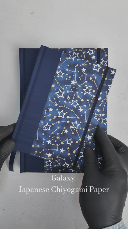 PRE-ORDER NEW A5 160-page Hardcover Journal finished in Cadet Blue Japanese Book Cloth and Galaxy Chiyogami Paper